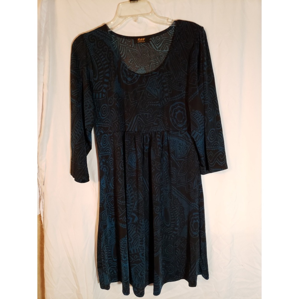Women's R&B Collection Black And Teal Print Long Sleeve Dress Size L